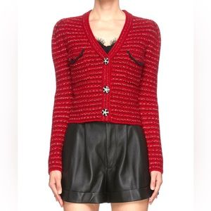 Self Portrait Floral Diamond Button Melange Wool Knit Cardigan